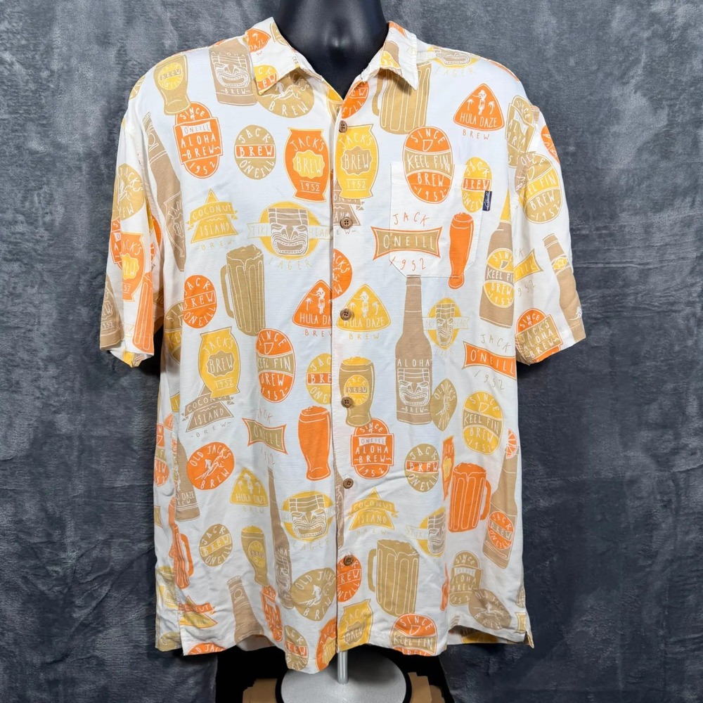 Jack O'Neill‎ Mens Button Up Shirt XL White Beer Brew Hawaiian Camp Short Sleeve